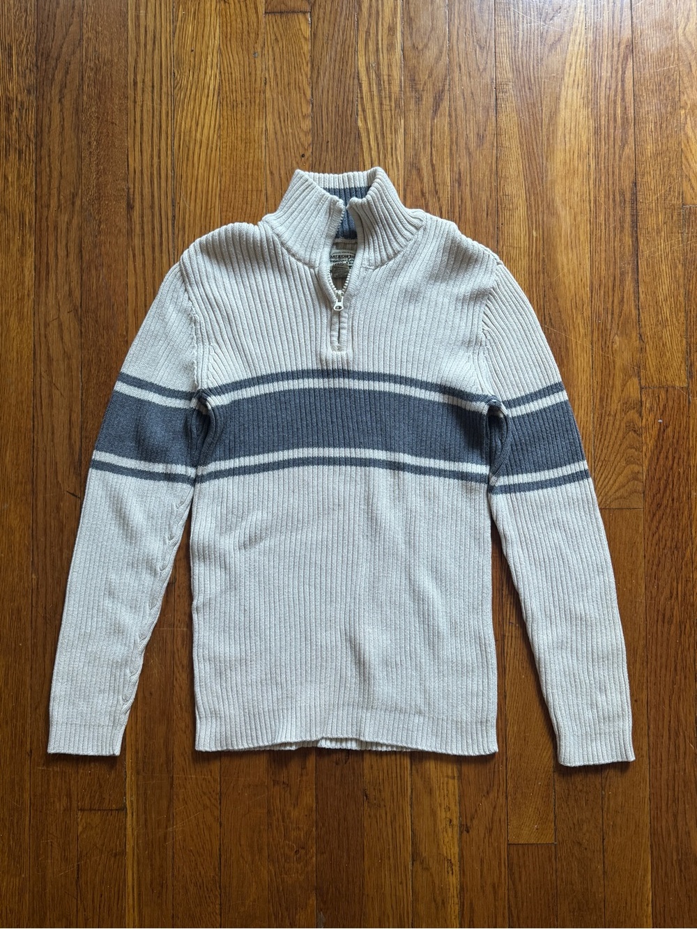 American Rag Cream Sweater with Gray Stripe Zip Collar